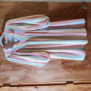 Michelle McDowell Amelia Tunic Dress Pastel Stripe Pink Blue Puff Sleeve Smock L